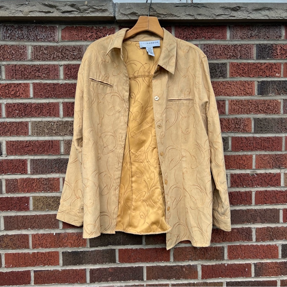 Sag Harbor Off Yellow Suede Floral Embroidered Collared Full Zip Jacket